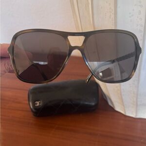 CHANEL Dark Green Brown Tortoise Aviator Sunglasses